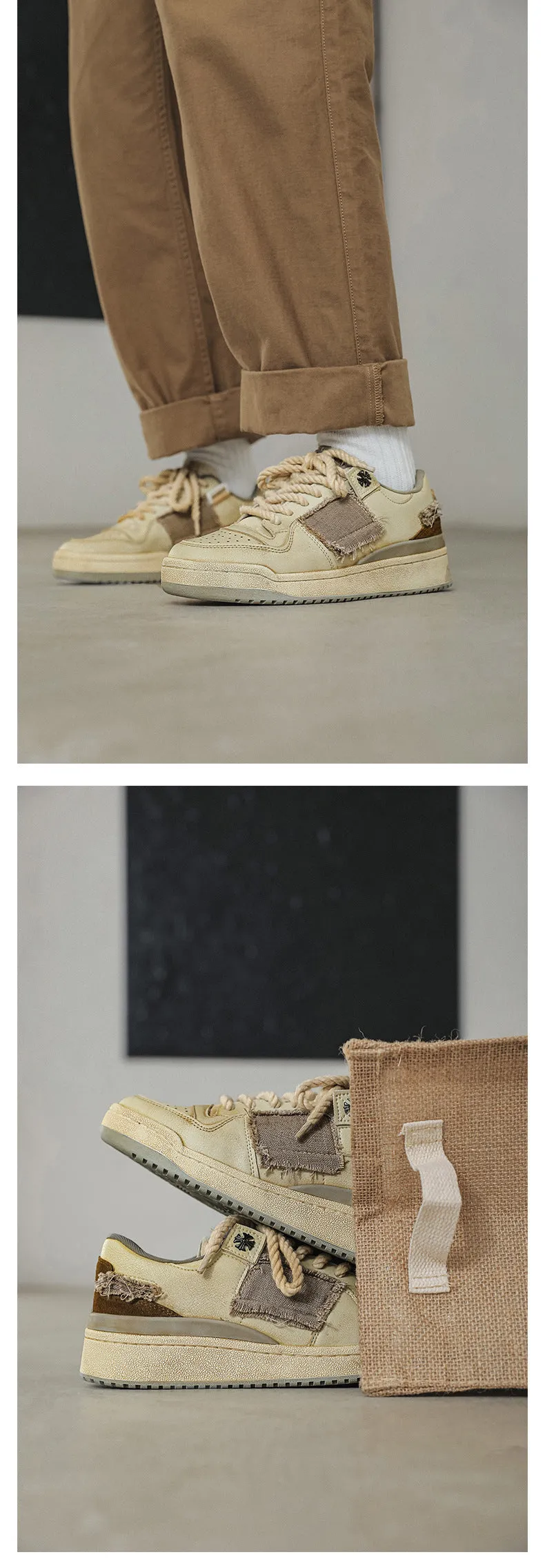 Beige low-top skateboard shoes with vintage patch design and rubber sole