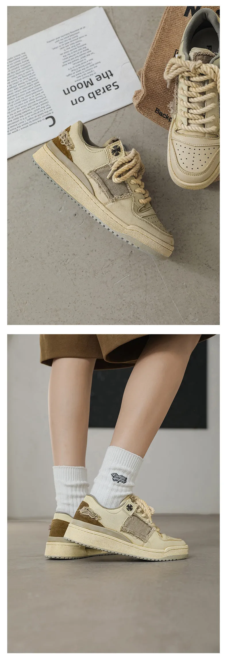 Beige low-top skateboard shoes with vintage patch design and rubber sole