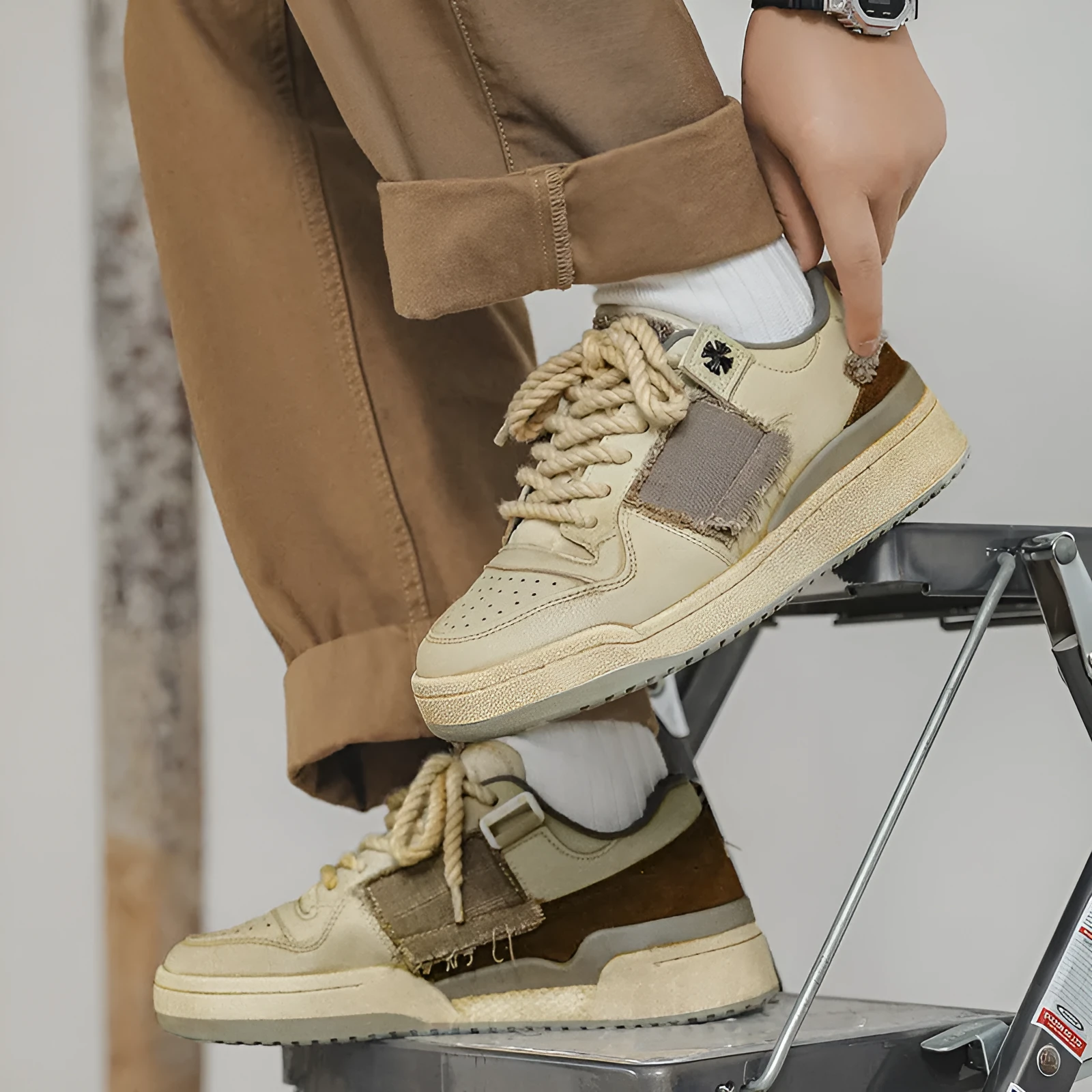 Beige low-top skateboard shoes with vintage patch design and rubber sole