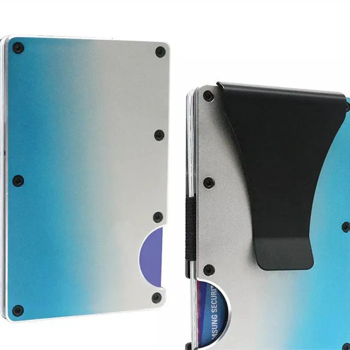 Gradient color ultra-thin aluminum alloy card package with metal clamp, blue gradient finish