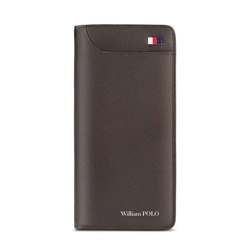 Men's real cowhide leather long zipper handheld multi-functional wallet in black cross pattern with embossed finish