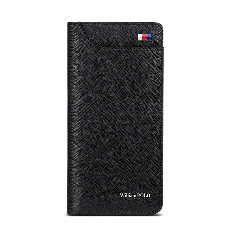 Men's real cowhide leather long zipper handheld multi-functional wallet in black cross pattern with embossed finish