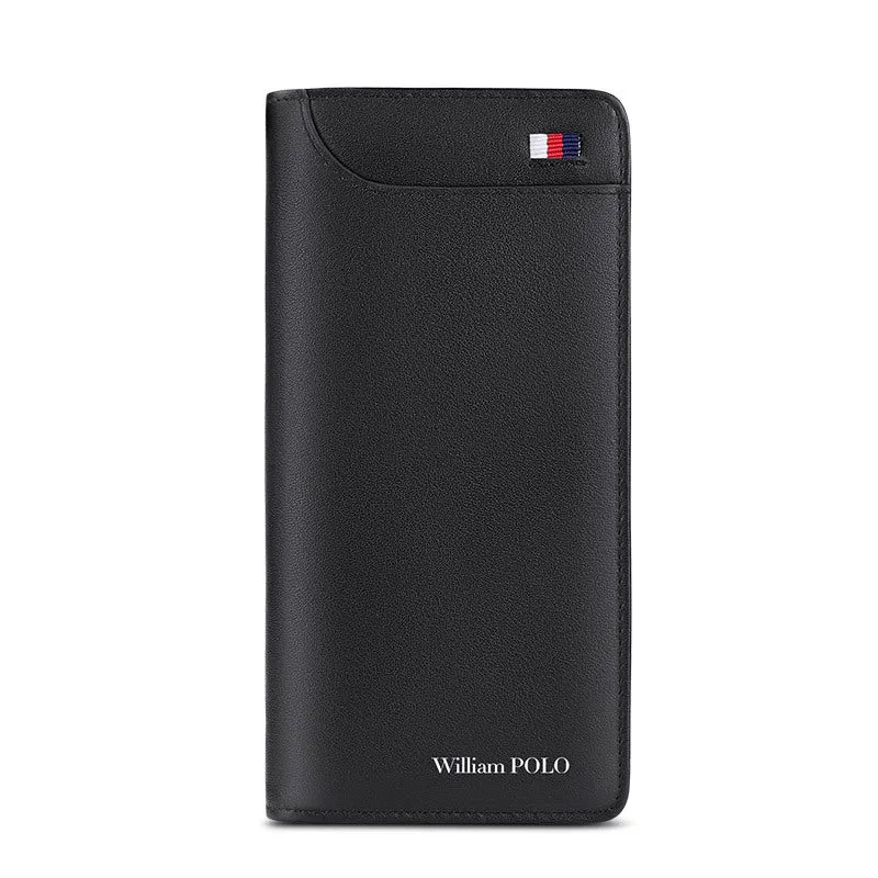 Men's real cowhide leather long zipper handheld multi-functional wallet in black cross pattern with embossed finish
