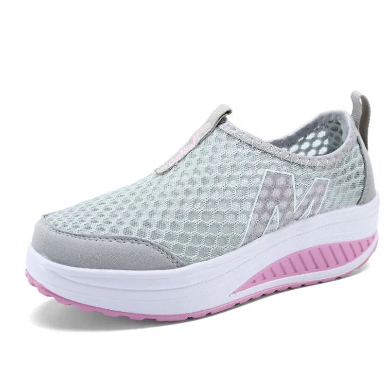 Women's sport platform wedge shoes with mesh cloth upper, heel height 3-5cm, available in multiple colours and sizes 35-42