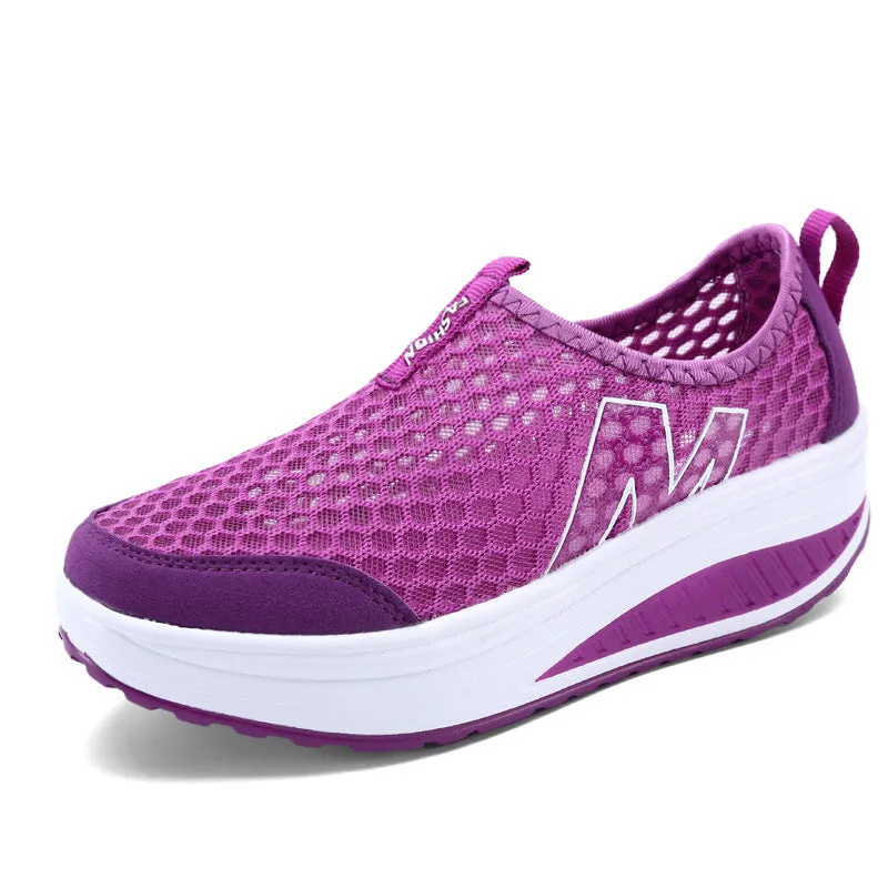 Women's sport platform wedge shoes with mesh cloth upper, heel height 3-5cm, available in multiple colours and sizes 35-42