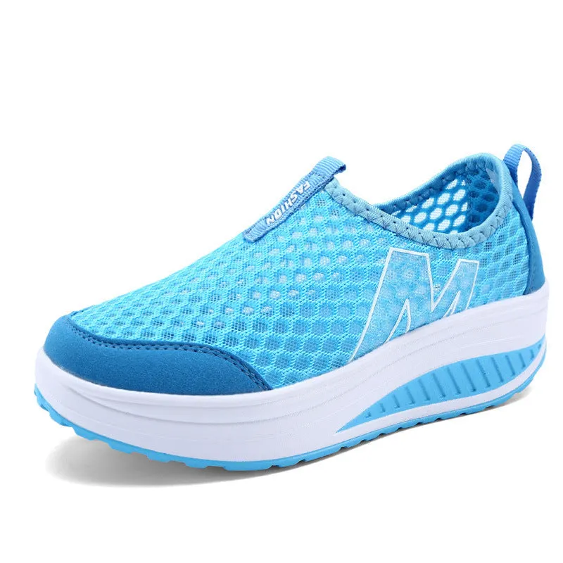 Women's sport platform wedge shoes with mesh cloth upper, heel height 3-5cm, available in multiple colours and sizes 35-42