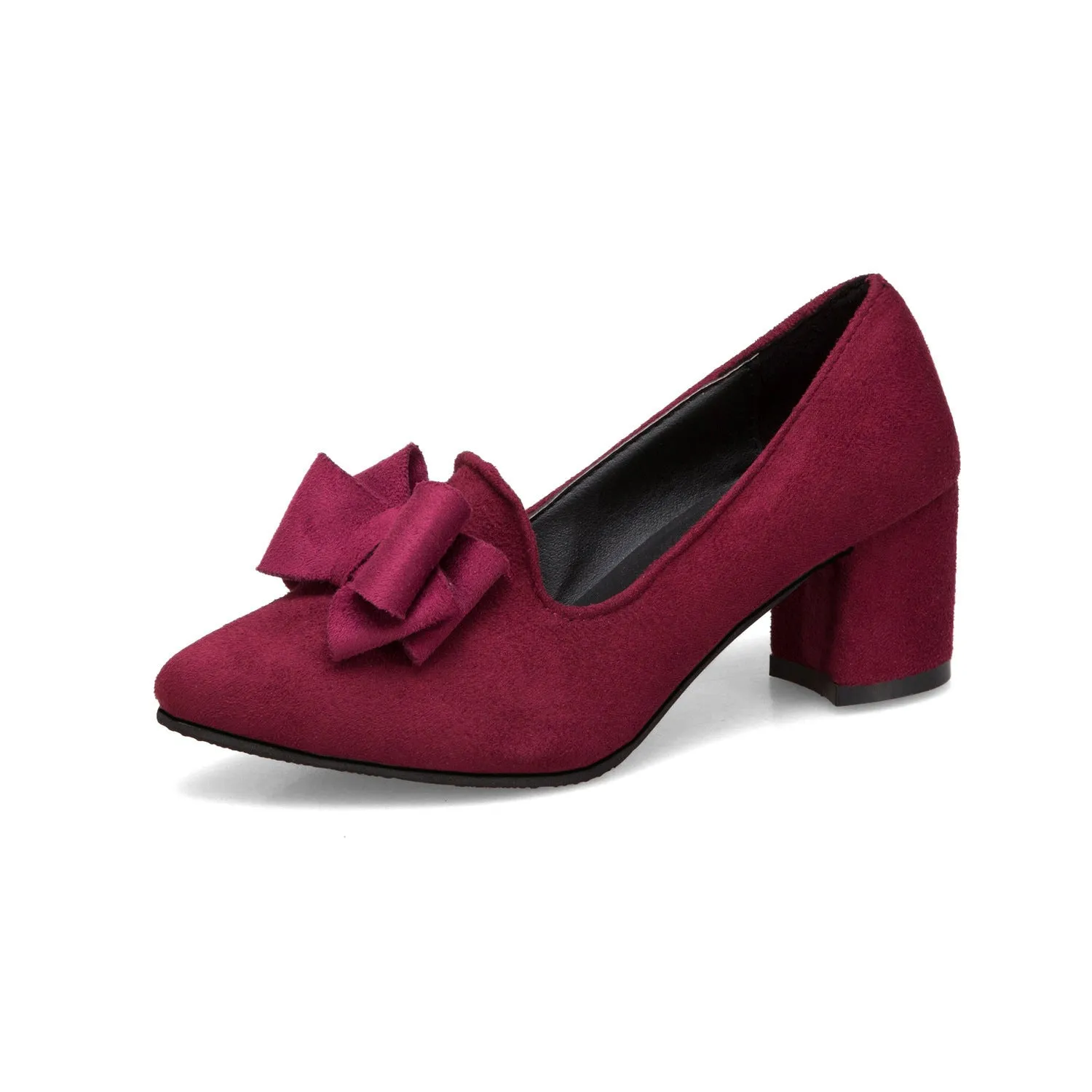 Pointy chunky medium heel shoes in black nubuck with 5.5cm block heel