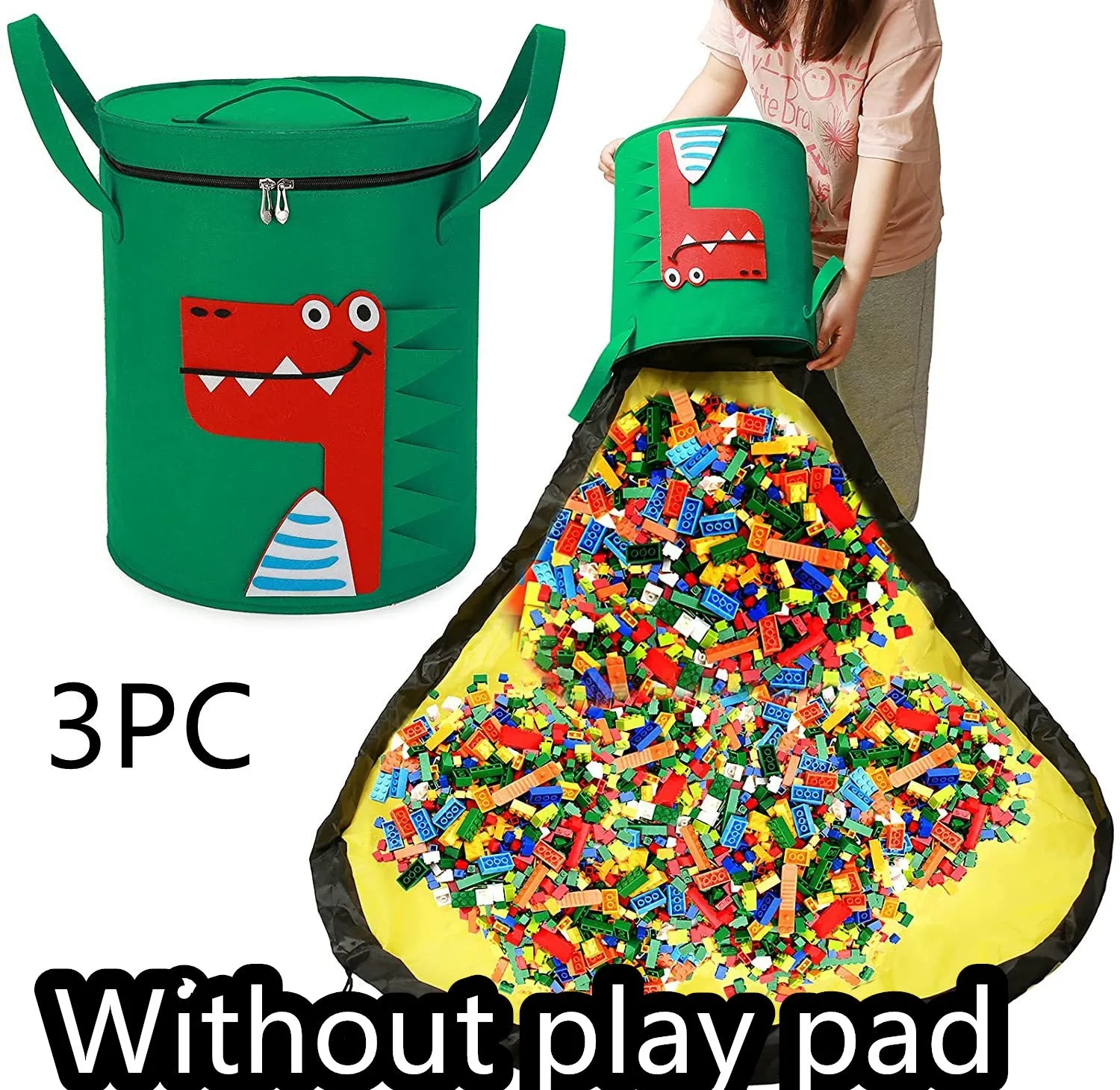 Green felt cube storage bag with pull rope, laid flat as a play mat next to toys.