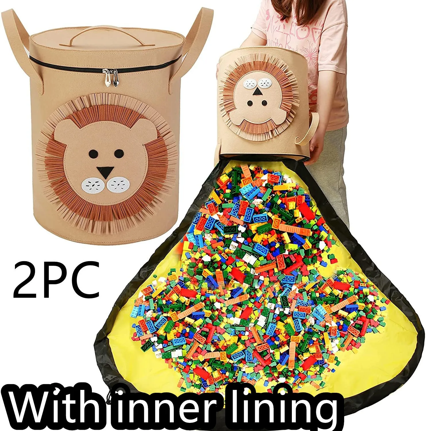 Green felt cube storage bag with pull rope, laid flat as a play mat next to toys.