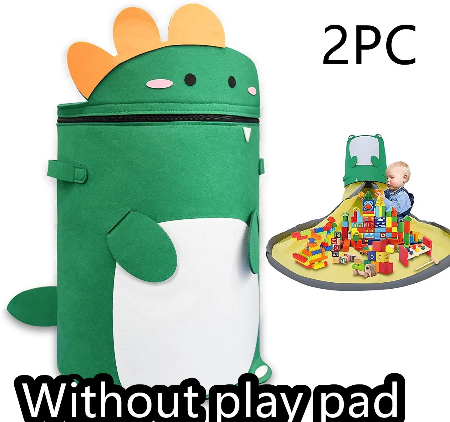 Green felt cube storage bag with pull rope, laid flat as a play mat next to toys.