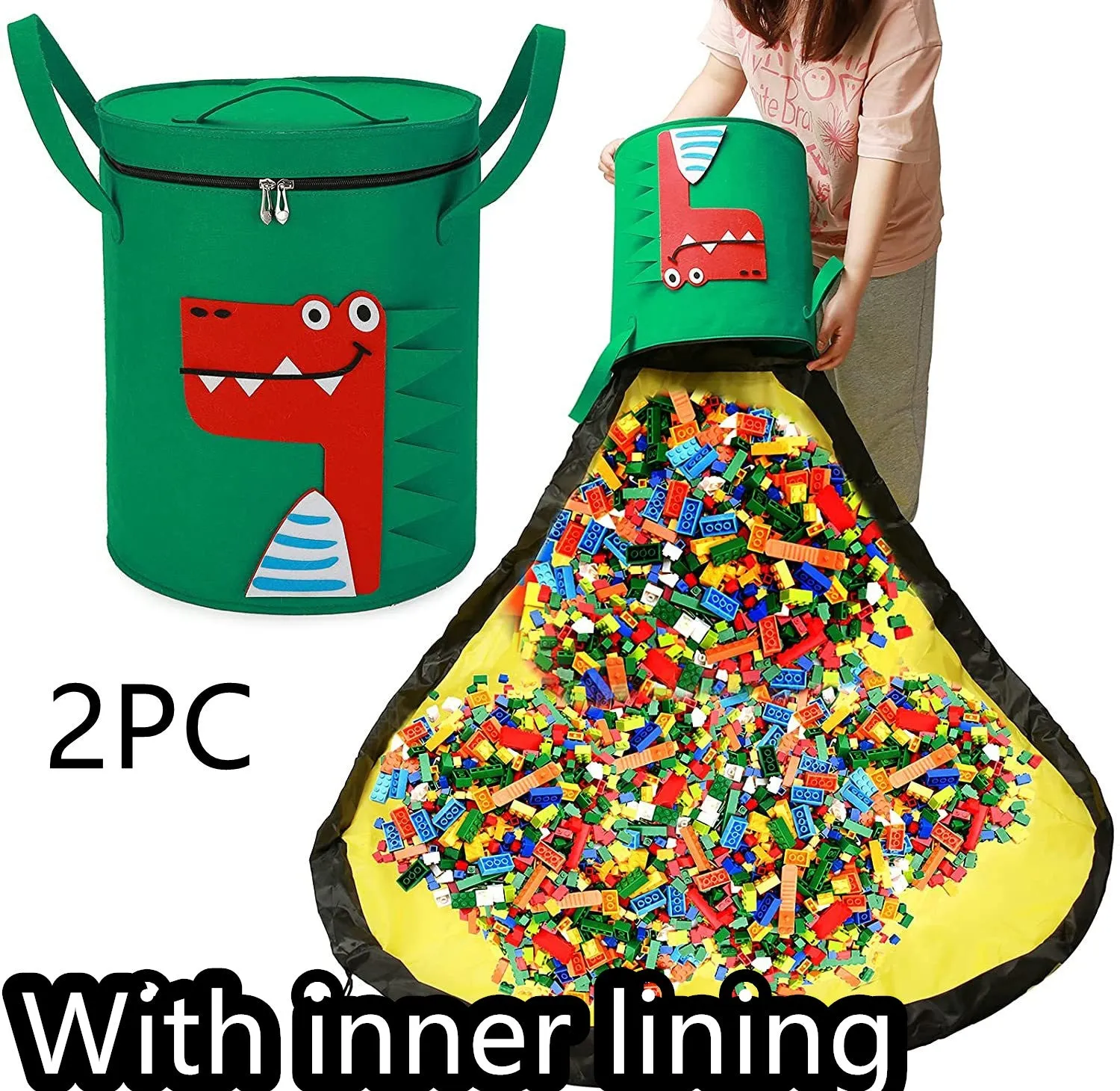 Green felt cube storage bag with pull rope, laid flat as a play mat next to toys.