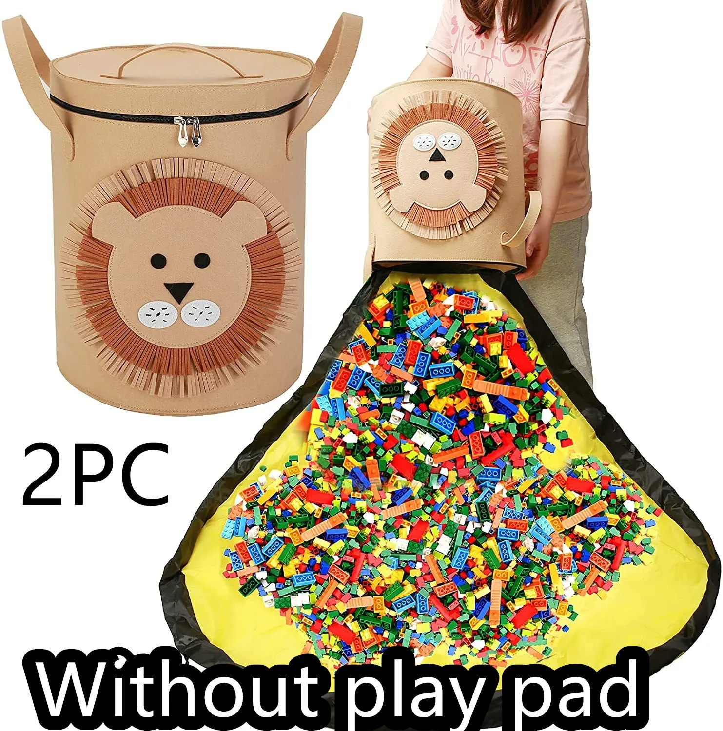 Green felt cube storage bag with pull rope, laid flat as a play mat next to toys.