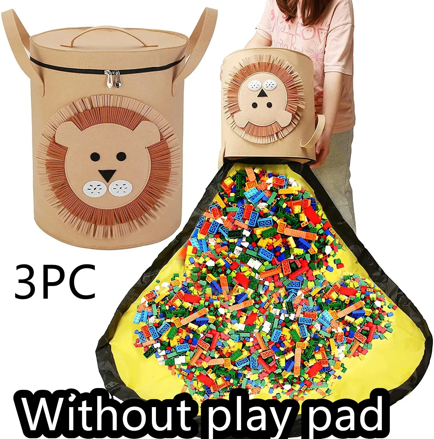 Green felt cube storage bag with pull rope, laid flat as a play mat next to toys.