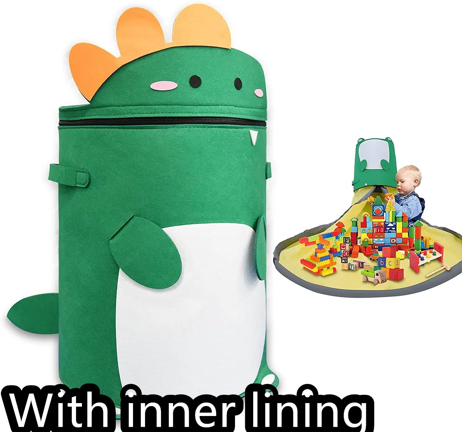 Green felt cube storage bag with pull rope, laid flat as a play mat next to toys.