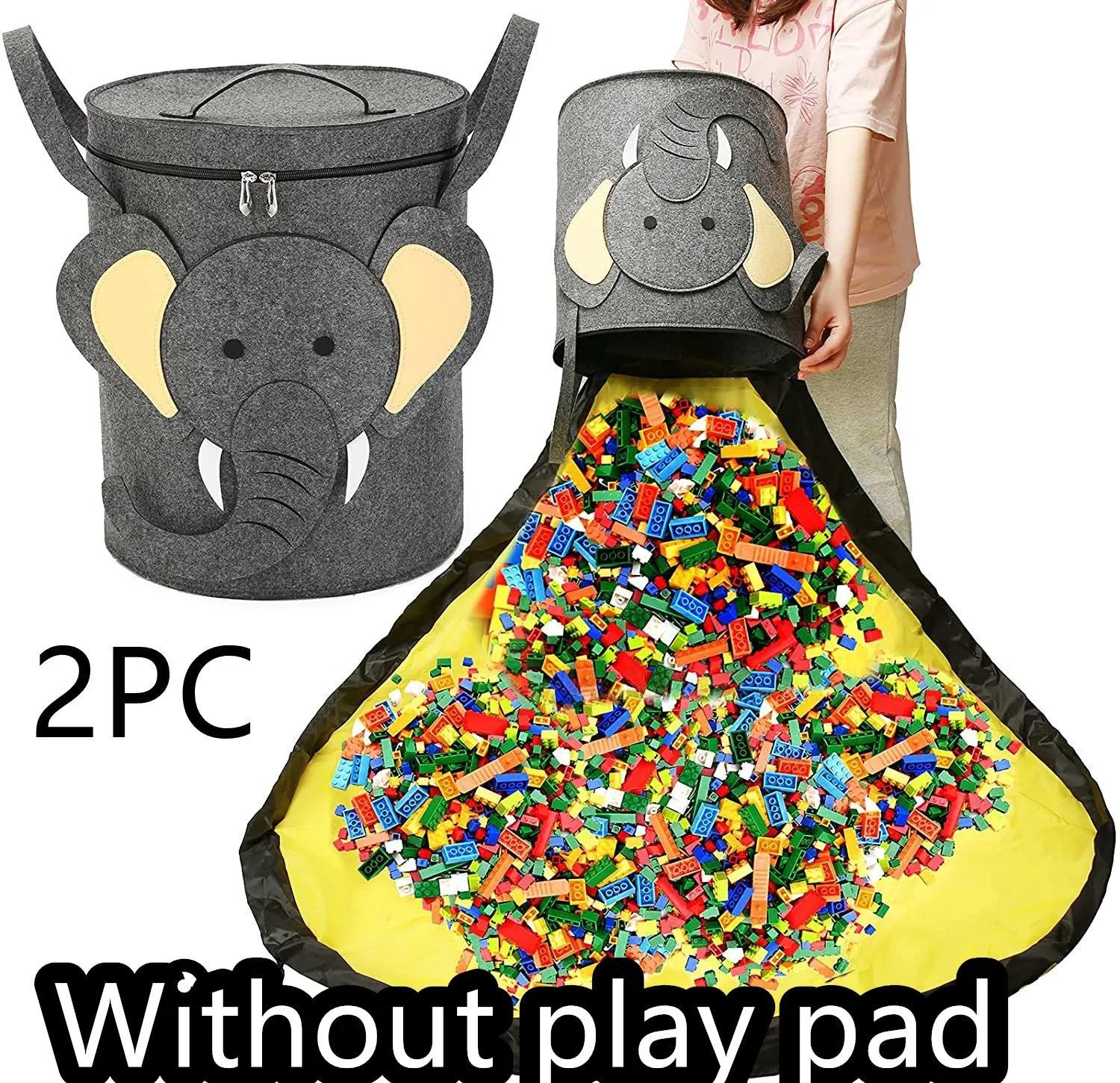 Green felt cube storage bag with pull rope, laid flat as a play mat next to toys.