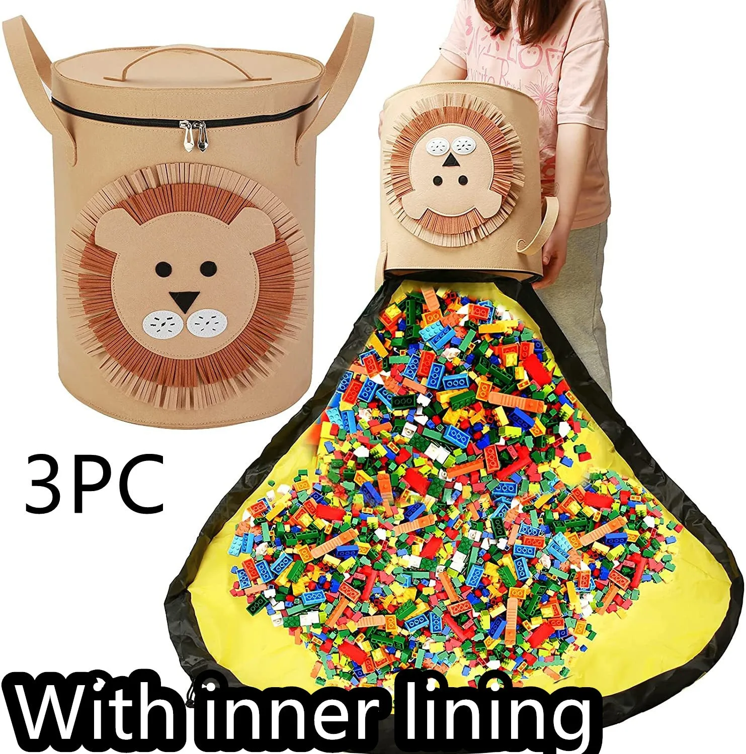 Green felt cube storage bag with pull rope, laid flat as a play mat next to toys.
