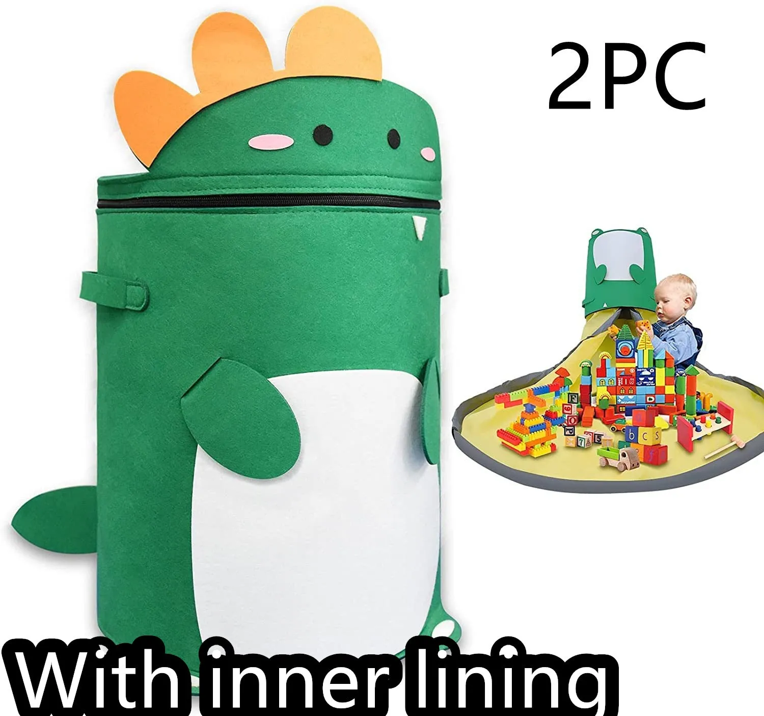 Green felt cube storage bag with pull rope, laid flat as a play mat next to toys.