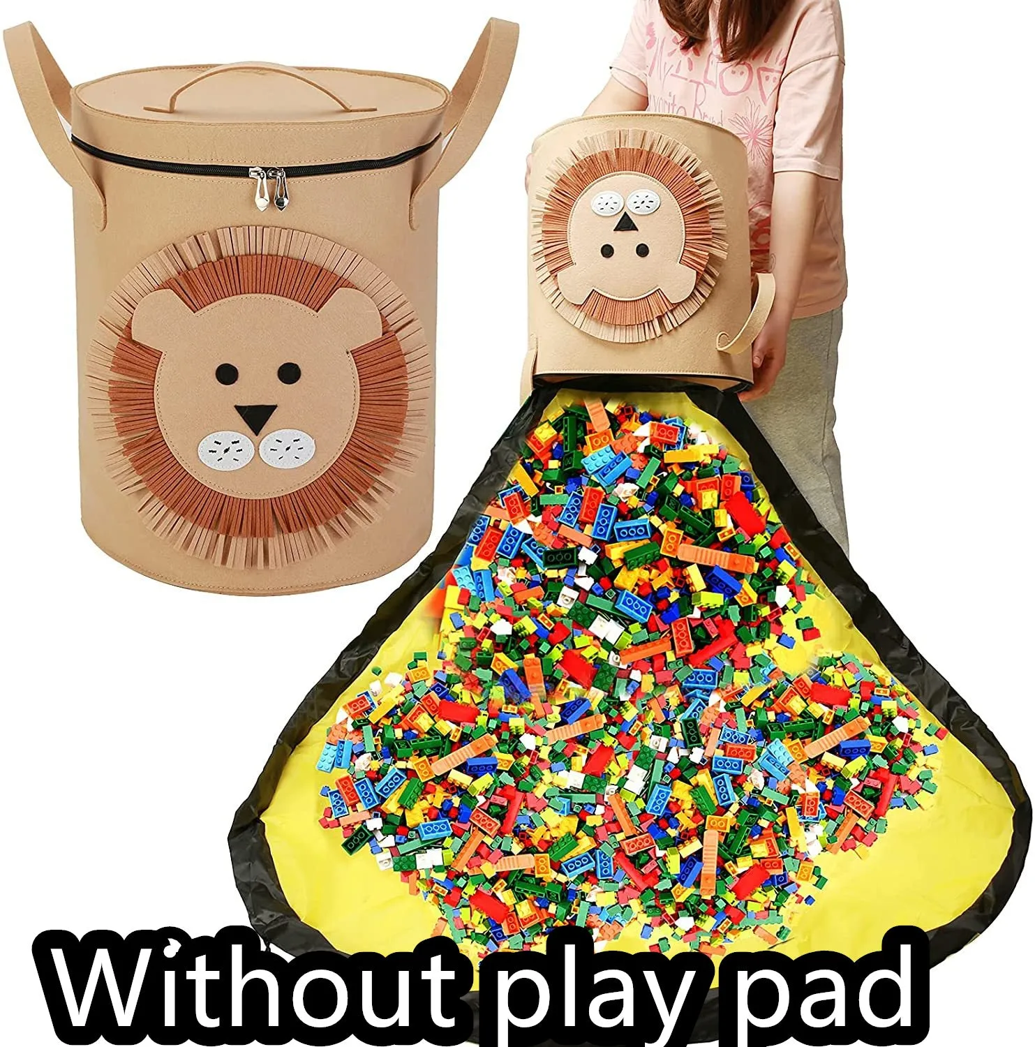 Green felt cube storage bag with pull rope, laid flat as a play mat next to toys.