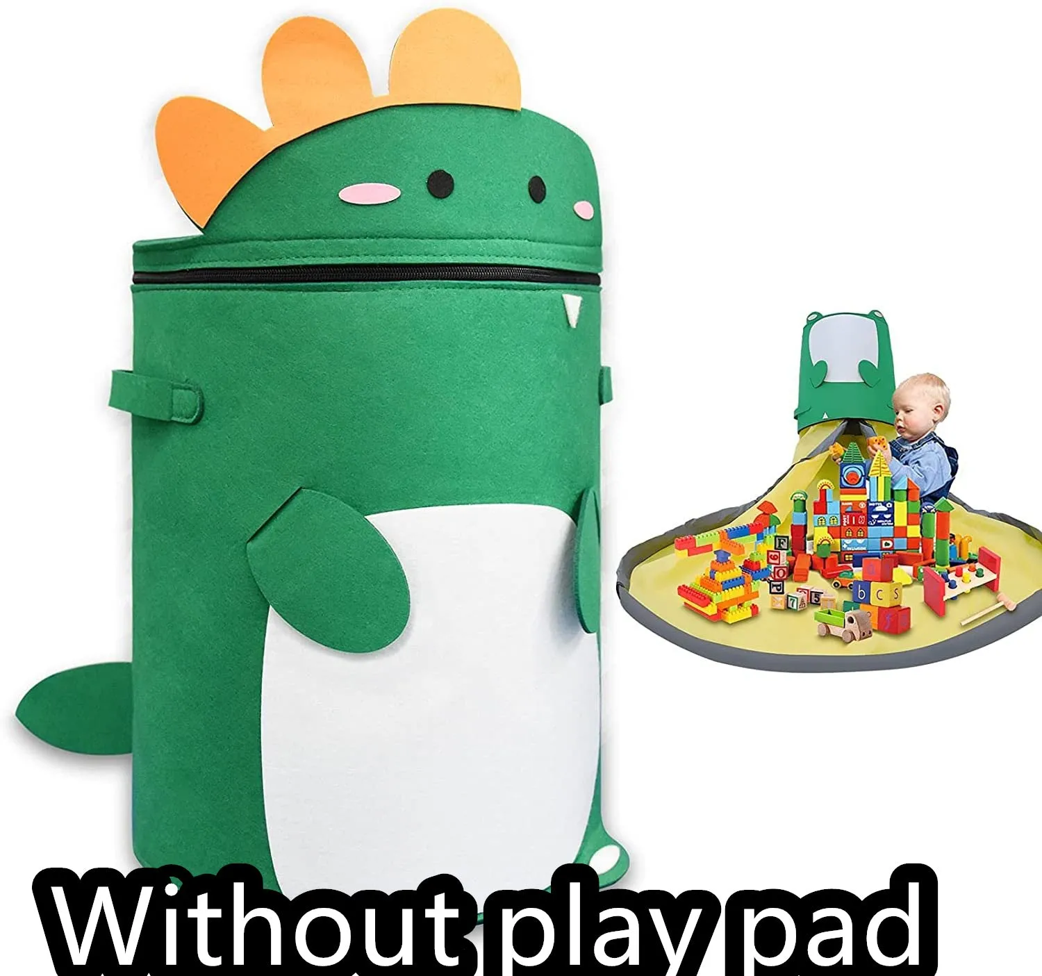 Green felt cube storage bag with pull rope, laid flat as a play mat next to toys.