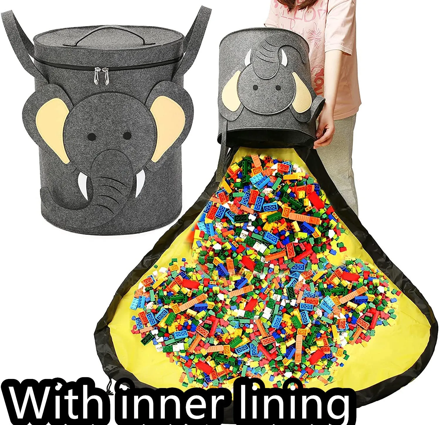 Green felt cube storage bag with pull rope, laid flat as a play mat next to toys.
