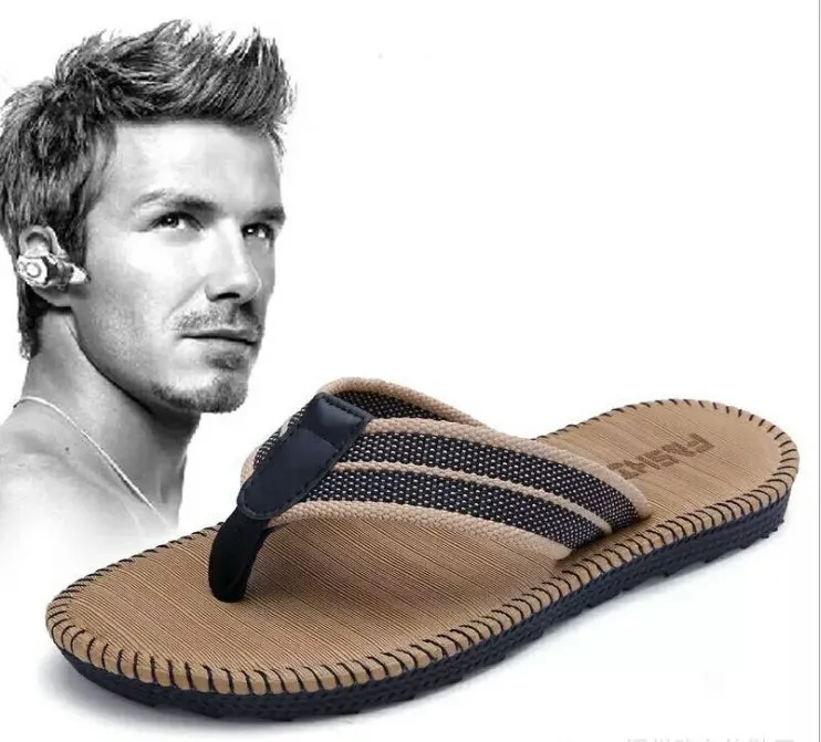 Men's flip-flops in Black, Gray, and Khaki on display with size chart showing foot lengths 250-270mm.