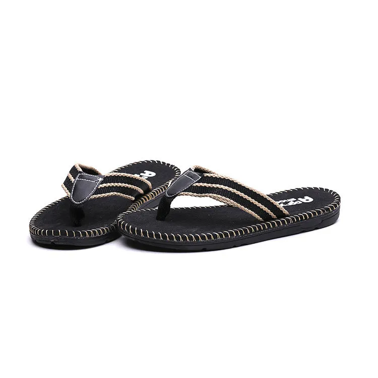 Men's flip-flops in Black, Gray, and Khaki on display with size chart showing foot lengths 250-270mm.