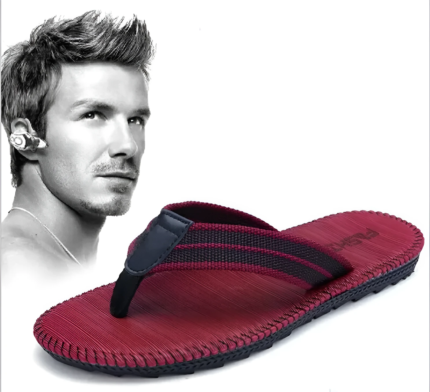 Men's flip-flops in Black, Gray, and Khaki on display with size chart showing foot lengths 250-270mm.