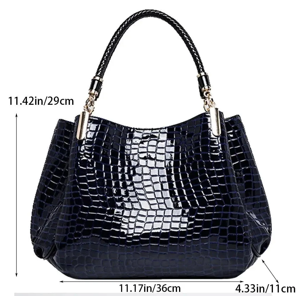 Women's large capacity tote bag with crocodile print and bright face detail, black PU, 36x11x29cm shoulder bag