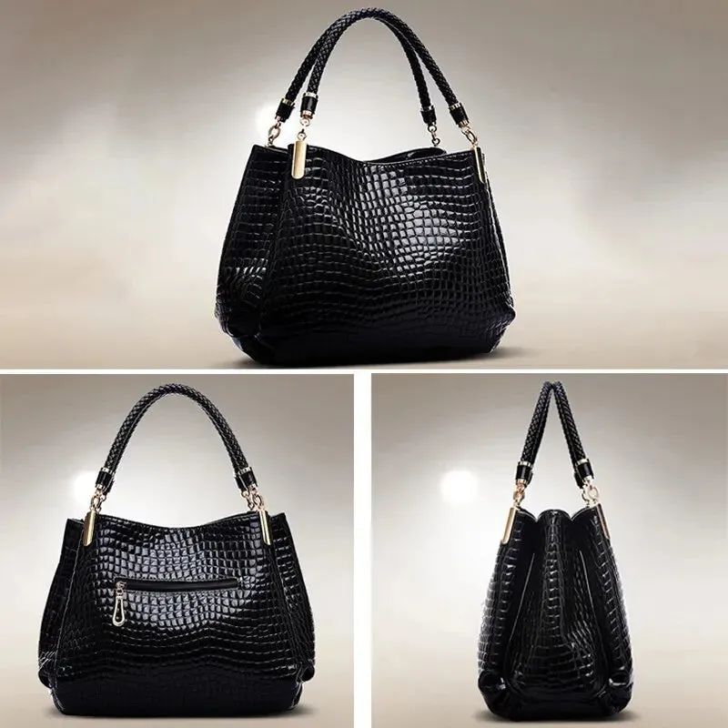 Women's large capacity tote bag with crocodile print and bright face detail, black PU, 36x11x29cm shoulder bag