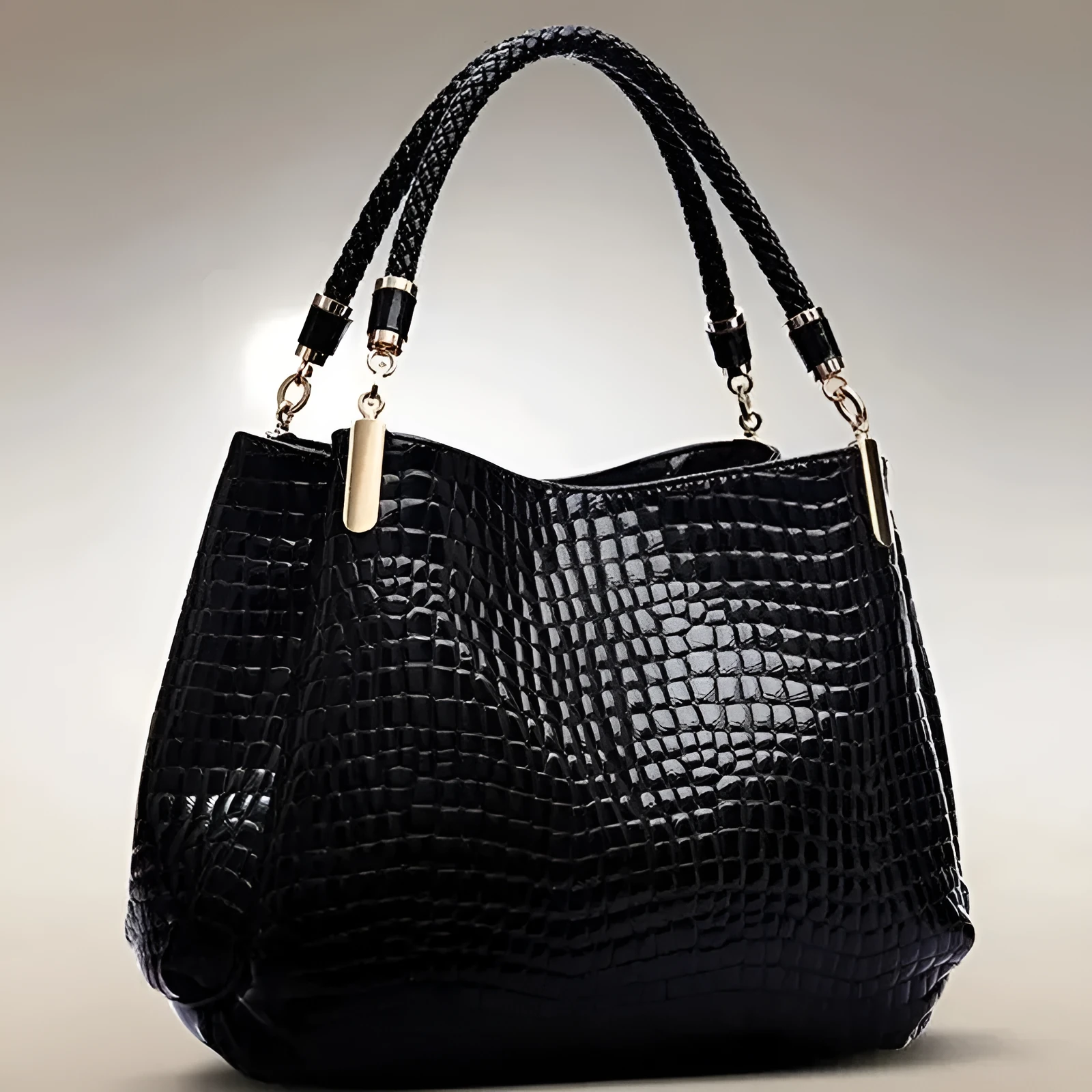 Women's large capacity tote bag with crocodile print and bright face detail, black PU, 36x11x29cm shoulder bag