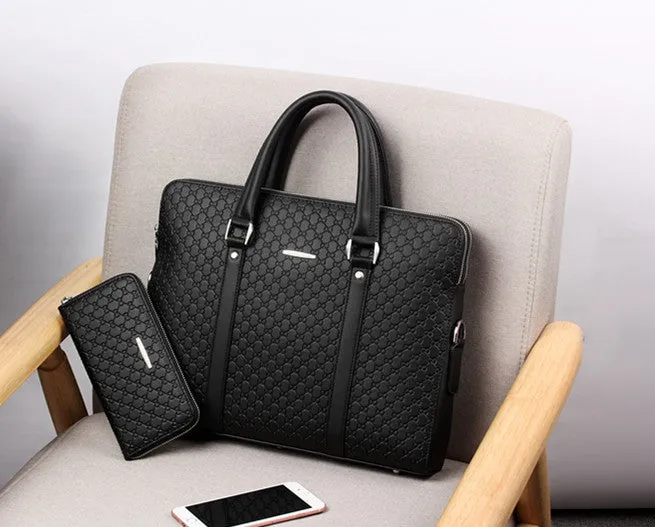 Men's business briefcase in super fiber synthetic leather with shoulder strap holding a notebook and iPad