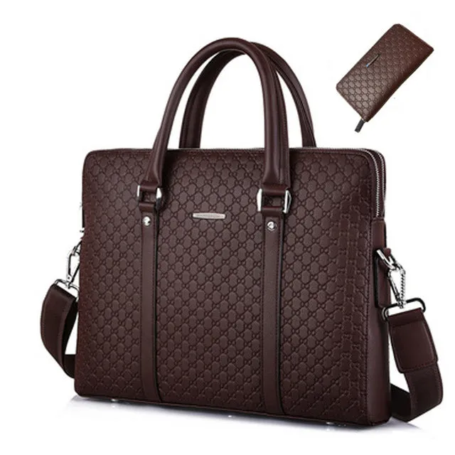 Men's business briefcase in super fiber synthetic leather with shoulder strap holding a notebook and iPad