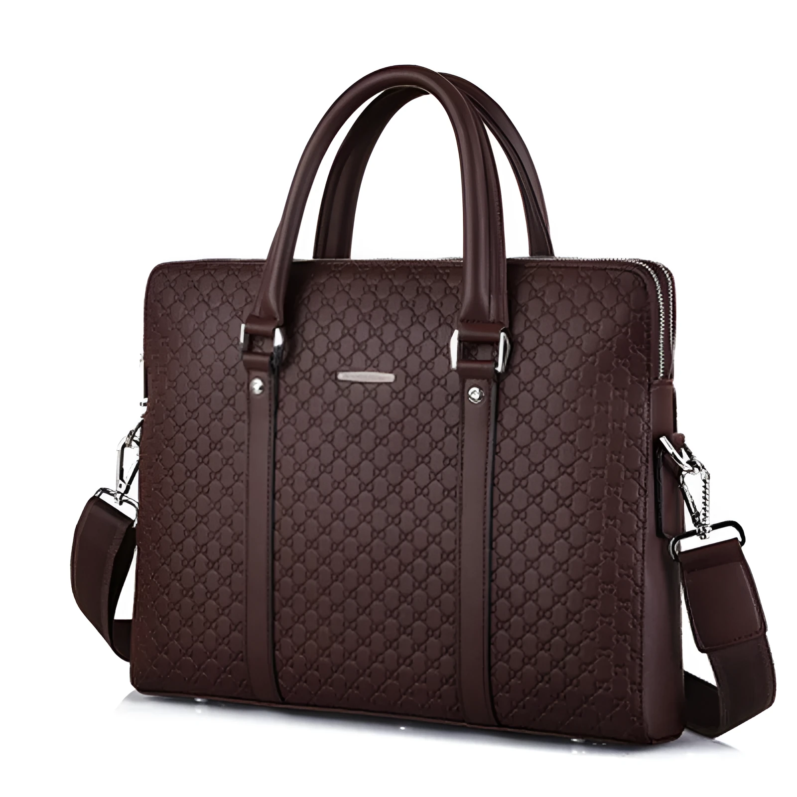Men's business briefcase in super fiber synthetic leather with shoulder strap holding a notebook and iPad