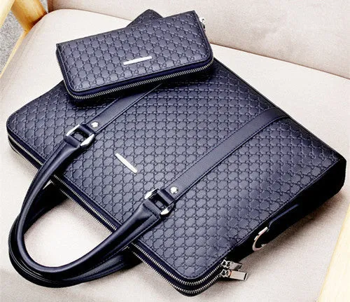 Men's business briefcase in super fiber synthetic leather with shoulder strap holding a notebook and iPad
