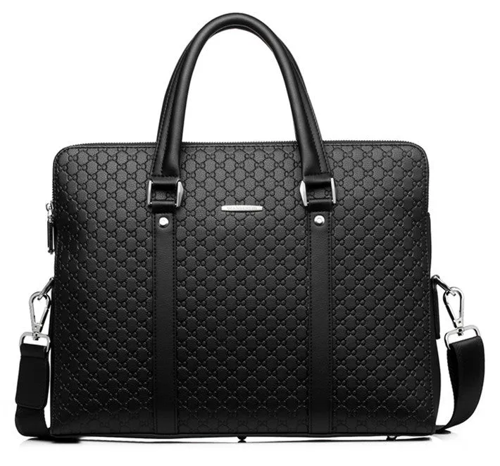 Men's business briefcase in super fiber synthetic leather with shoulder strap holding a notebook and iPad