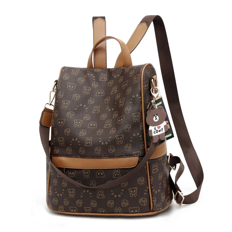 Korean fashion ladies soft leather backpack with embroidery large vertical square shape black
