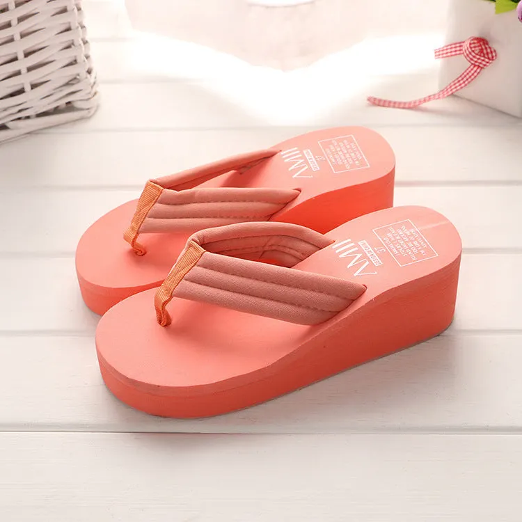 Ladies anti-skid cloth sole flip flop sandals with 6.3cm heel in pink and white muffin candy colours