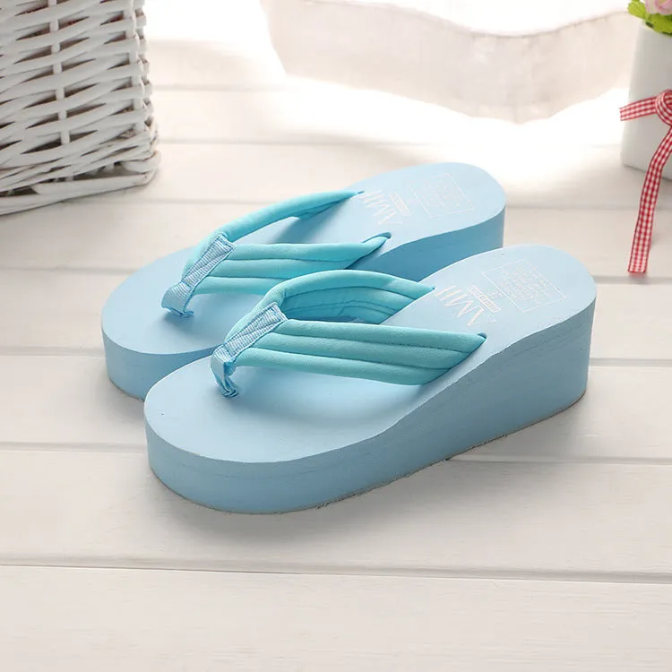 Ladies anti-skid cloth sole flip flop sandals with 6.3cm heel in pink and white muffin candy colours