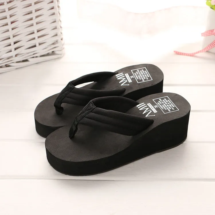 Ladies anti-skid cloth sole flip flop sandals with 6.3cm heel in pink and white muffin candy colours