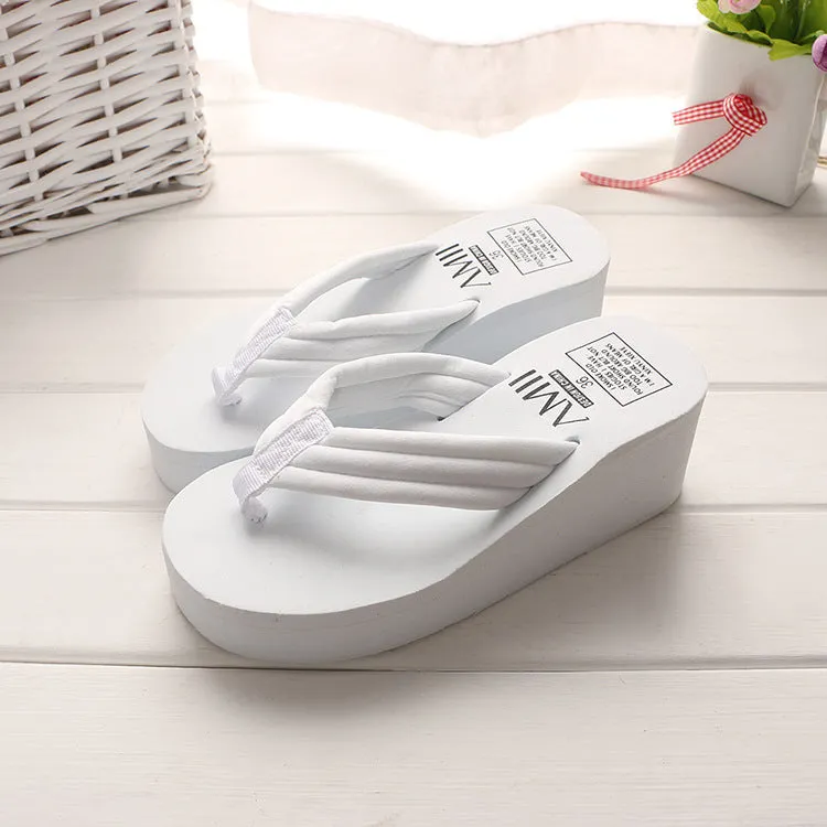 Ladies anti-skid cloth sole flip flop sandals with 6.3cm heel in pink and white muffin candy colours