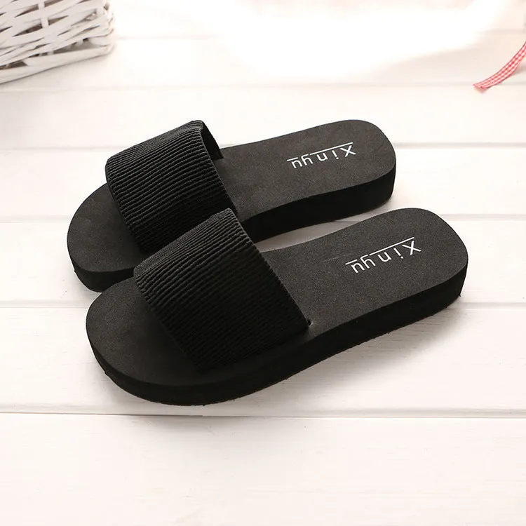 Ladies anti-skid cloth sole flip flop sandals with 6.3cm heel in pink and white muffin candy colours