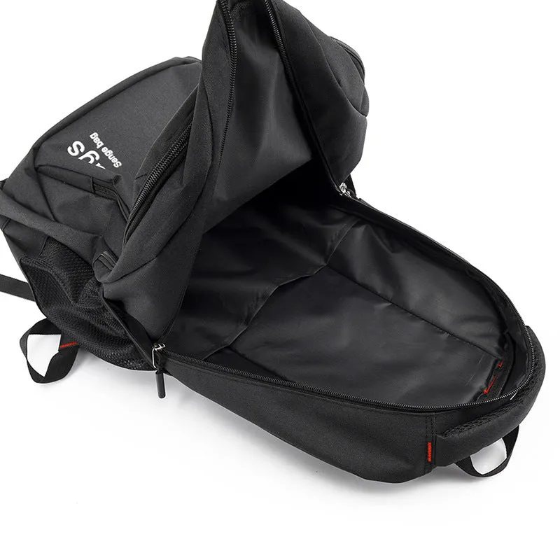 Street-style nylon backpack in light grey showing internal laptop compartment and organised pockets.