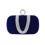 Small velvet evening clutch bag with rhinestones and lock closure, horizontal square shape, available in multiple colours.