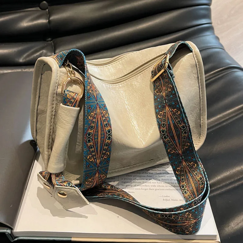 Casual single shoulder bag in solid colour, PU leather, wide strap, horizontal square shape, available in beige black coffee green brown