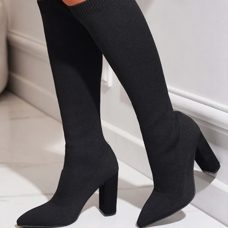 Women's pointed toe chunky heel stretch boots below knee in black, cotton lined, size 36