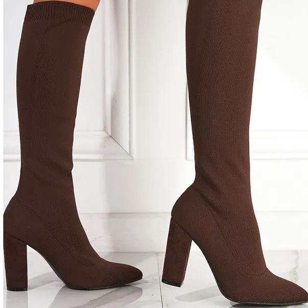Women's pointed toe chunky heel stretch boots below knee in black, cotton lined, size 36