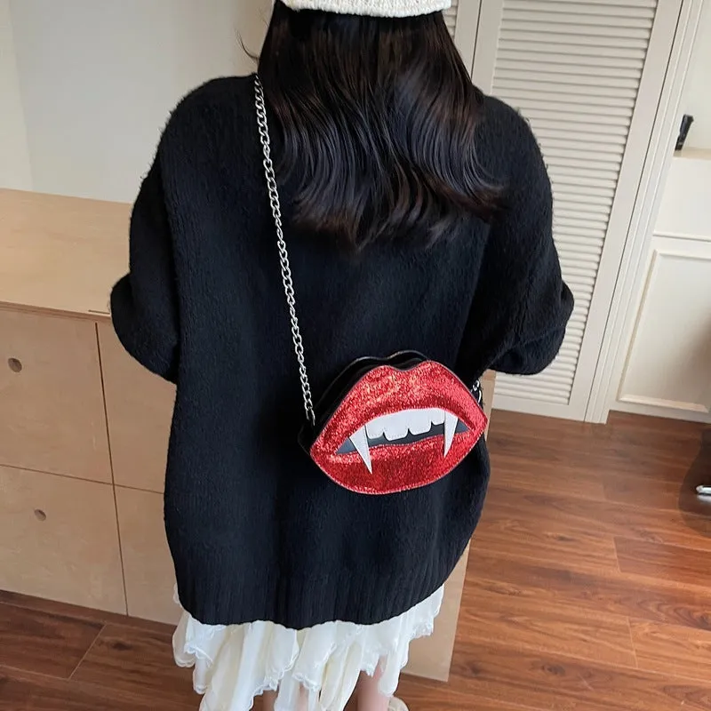 Red sequin PU leather small crossbody bag with chain detail hard shell oval shape single strap free size