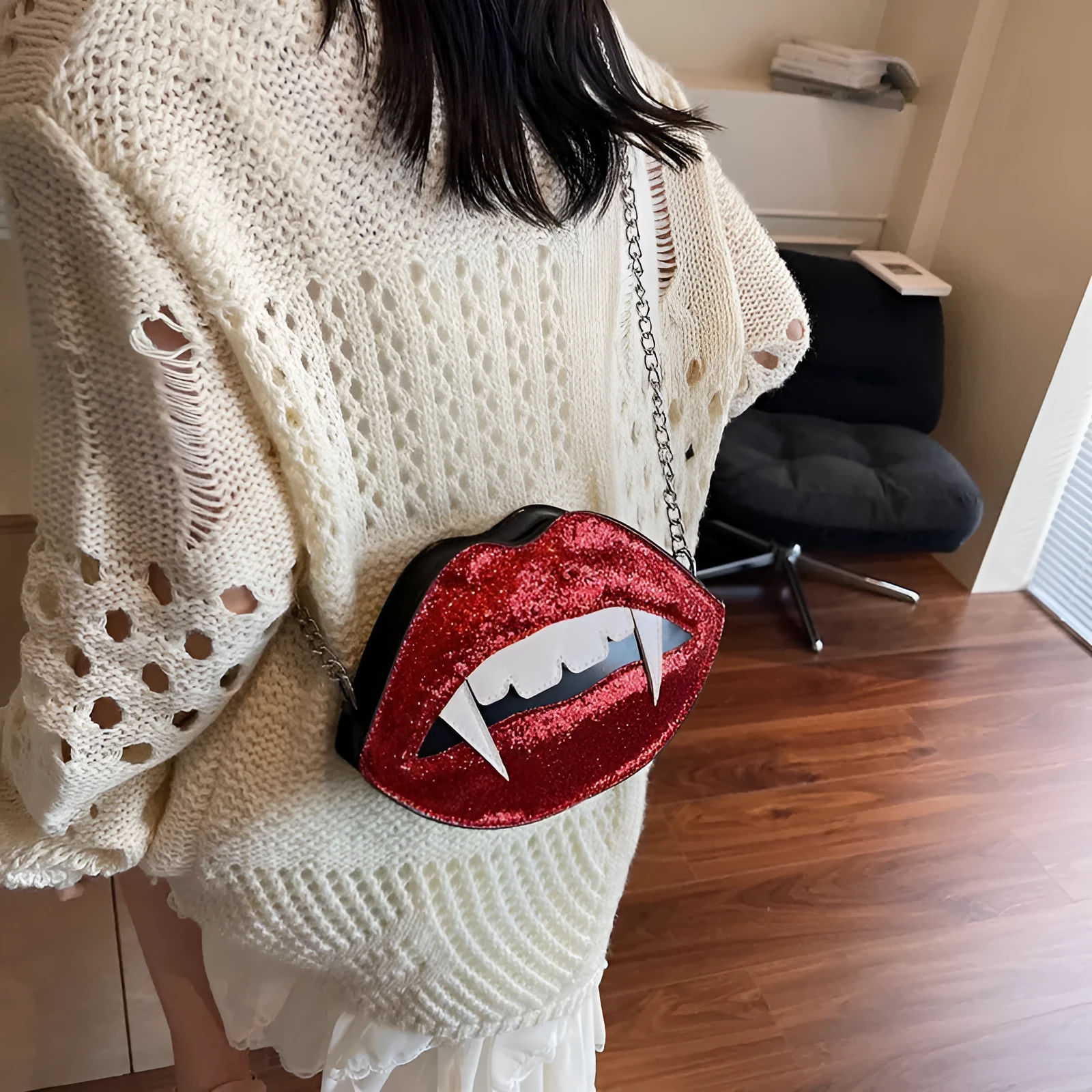 Red sequin PU leather small crossbody bag with chain detail hard shell oval shape single strap free size