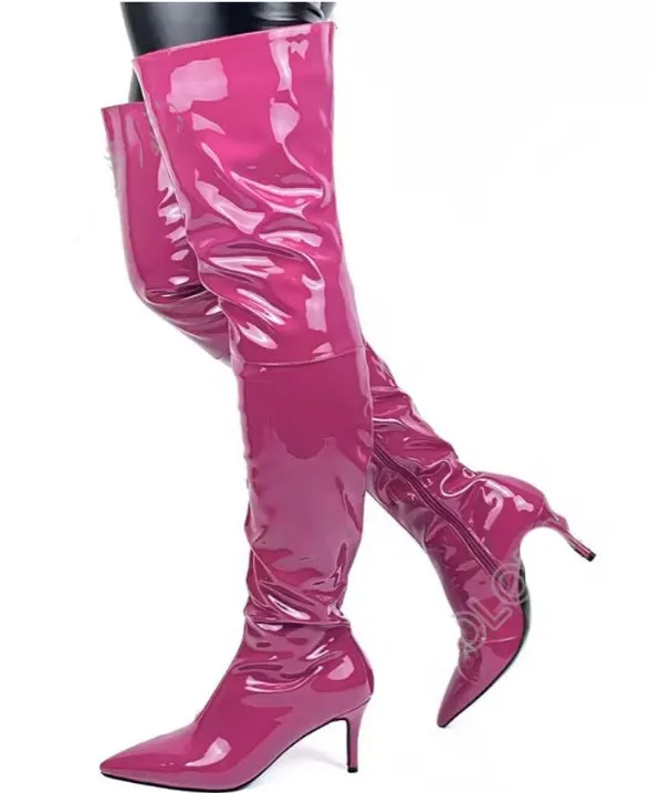 Plus size over-the-knee stiletto boots with pointed toe and 8cm heel in blue