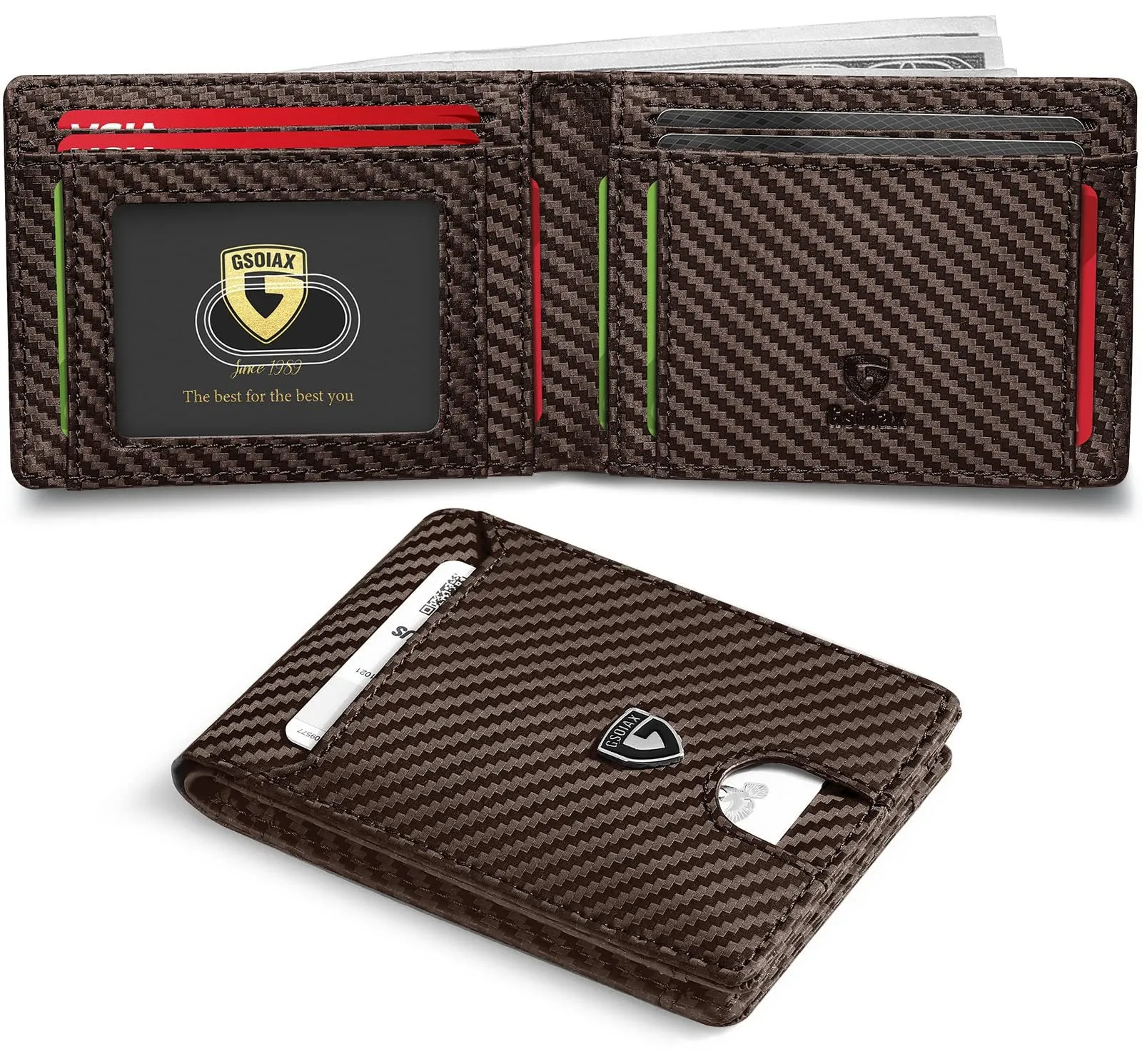 Men's carbon fibre business card holder with anti-theft RFID blocking, available in multiple colours including black and red